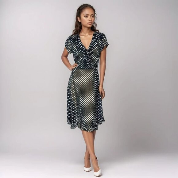 MSK Polka Dot Ruffled Neck Faux Wrap Tie Waist Sheer Retro Midi Dress Size 4 - Picture 1 of 16